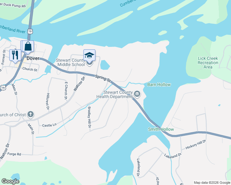 map of restaurants, bars, coffee shops, grocery stores, and more near 203 Shane-Lee Circle in Dover