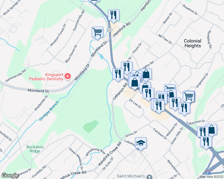 map of restaurants, bars, coffee shops, grocery stores, and more near 504 Ashley Oaks Private Drive in Kingsport