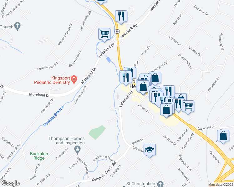map of restaurants, bars, coffee shops, grocery stores, and more near 504 Ashley Oaks Private Drive in Kingsport