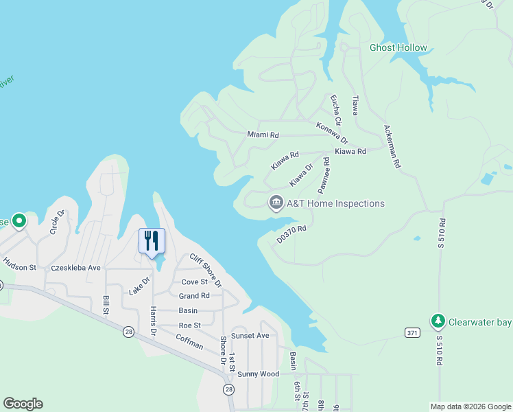map of restaurants, bars, coffee shops, grocery stores, and more near 341 Kiawa Drive in Eucha