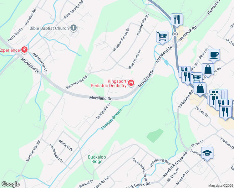 map of restaurants, bars, coffee shops, grocery stores, and more near 4127 Thackeray Court in Kingsport