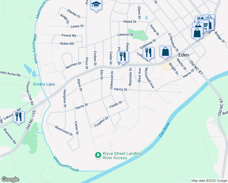 map of restaurants, bars, coffee shops, grocery stores, and more near 1036 Harris Street in Eden