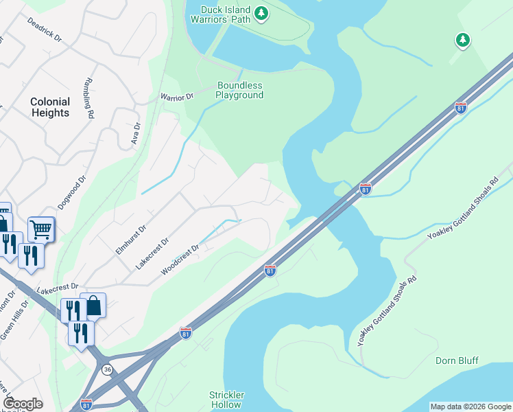 map of restaurants, bars, coffee shops, grocery stores, and more near 504 Meade Trail in Kingsport
