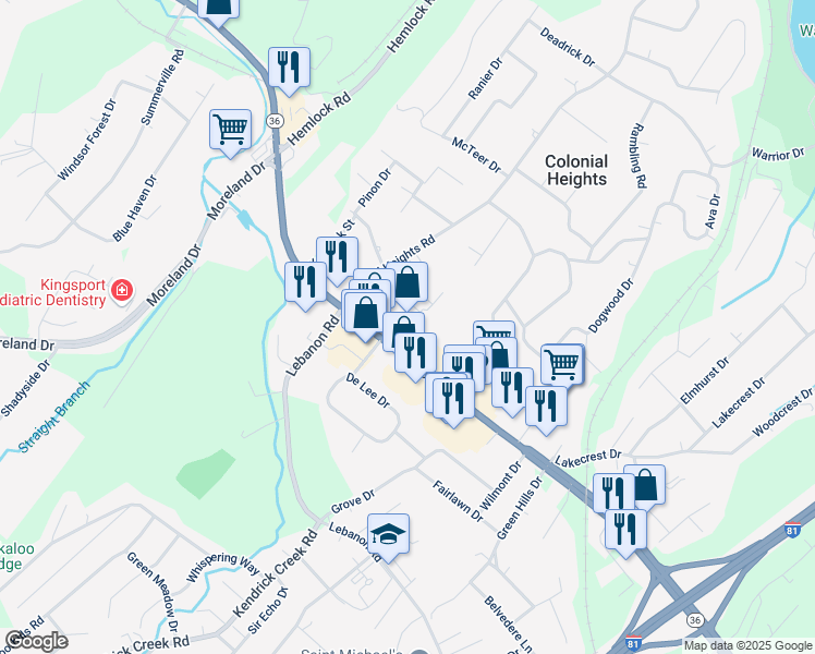 map of restaurants, bars, coffee shops, grocery stores, and more near 101-499 Professional Park Drive in Kingsport