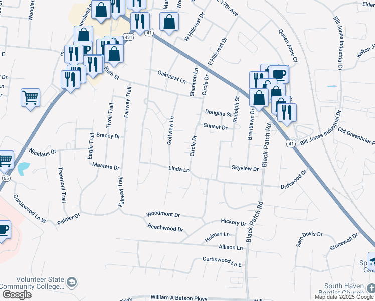 map of restaurants, bars, coffee shops, grocery stores, and more near 415 Circle Drive in Springfield