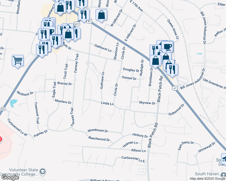map of restaurants, bars, coffee shops, grocery stores, and more near 415 Circle Drive in Springfield