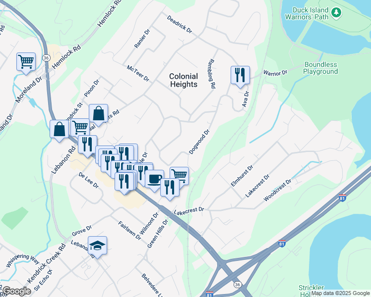 map of restaurants, bars, coffee shops, grocery stores, and more near 536 Dogwood Drive in Kingsport