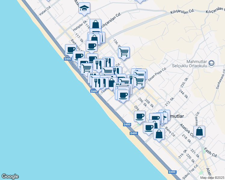 map of restaurants, bars, coffee shops, grocery stores, and more near in Alanya