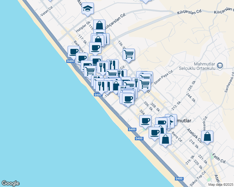 map of restaurants, bars, coffee shops, grocery stores, and more near in Mahmutlar