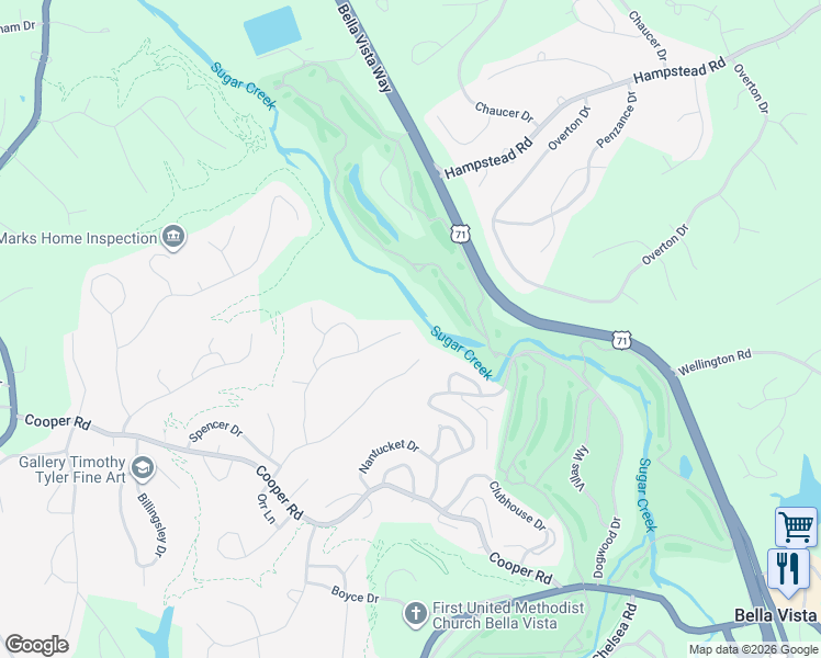 map of restaurants, bars, coffee shops, grocery stores, and more near 44 Grisham Drive in Bella Vista