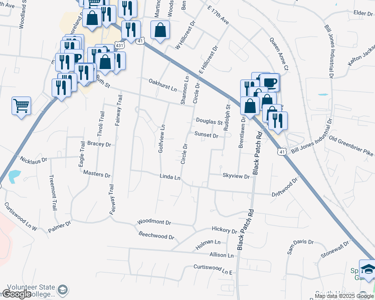 map of restaurants, bars, coffee shops, grocery stores, and more near 415 Circle Drive in Springfield