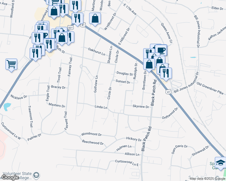 map of restaurants, bars, coffee shops, grocery stores, and more near 415 Circle Drive in Springfield