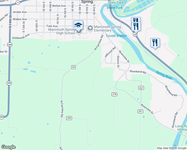 map of restaurants, bars, coffee shops, grocery stores, and more near 312 Hillcrest Road in Mammoth Spring