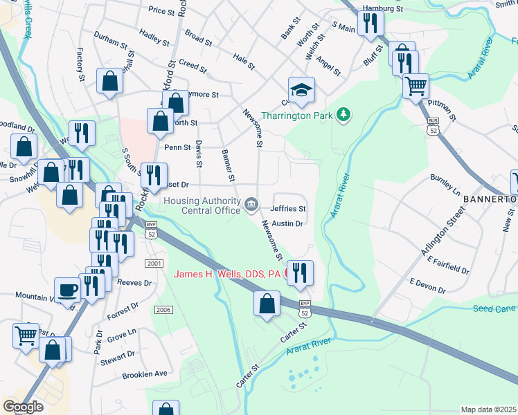 map of restaurants, bars, coffee shops, grocery stores, and more near Newsome Street in Mount Airy