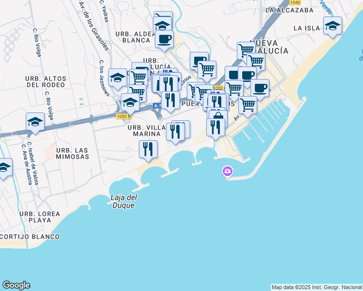 map of restaurants, bars, coffee shops, grocery stores, and more near Avenida de Lola Flores in Marbella