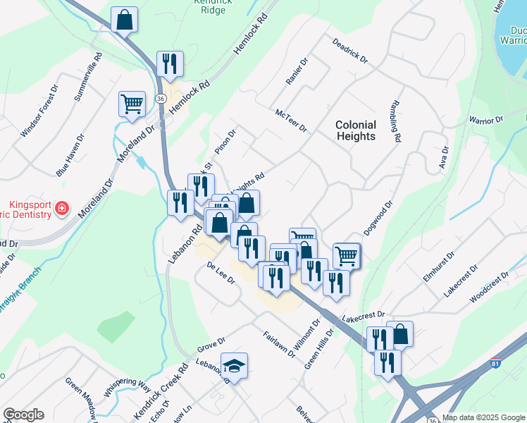 map of restaurants, bars, coffee shops, grocery stores, and more near 400 Professional Park Drive in Kingsport