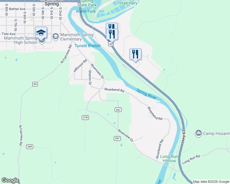 map of restaurants, bars, coffee shops, grocery stores, and more near 12 Riverbend Road in Mammoth Spring