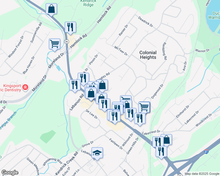 map of restaurants, bars, coffee shops, grocery stores, and more near 400 Professional Park Drive in Kingsport