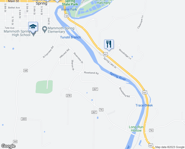 map of restaurants, bars, coffee shops, grocery stores, and more near 12 Riverbend Road in Mammoth Spring
