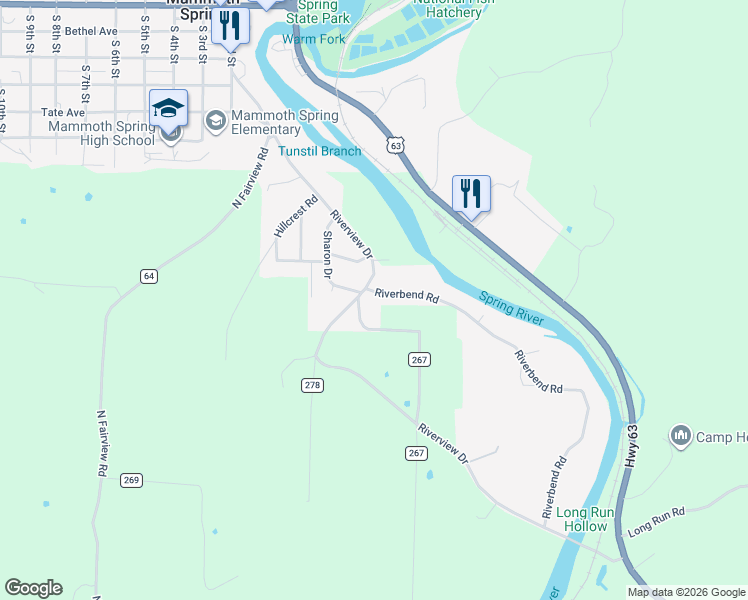 map of restaurants, bars, coffee shops, grocery stores, and more near 250 Sharon Drive in Mammoth Spring