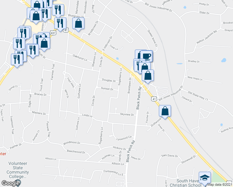 map of restaurants, bars, coffee shops, grocery stores, and more near 2514 Sunset Drive in Springfield