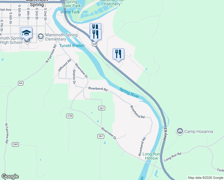 map of restaurants, bars, coffee shops, grocery stores, and more near 95 Spring Lake Drive in Mammoth Spring