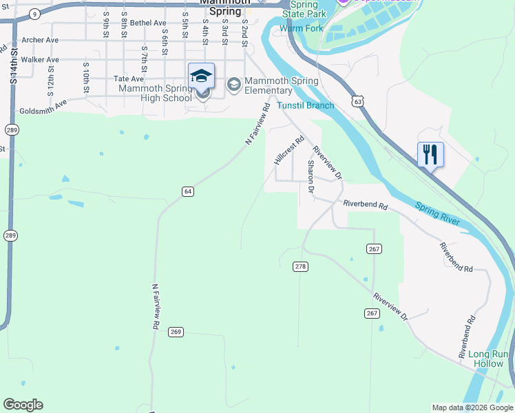 map of restaurants, bars, coffee shops, grocery stores, and more near 312 Hillcrest Road in Mammoth Spring