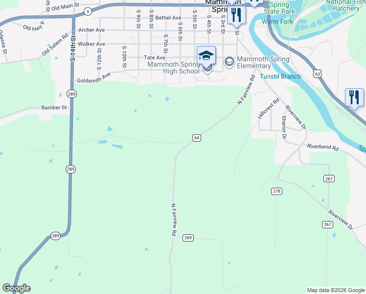 map of restaurants, bars, coffee shops, grocery stores, and more near 609 North Fairview Road in Mammoth Spring