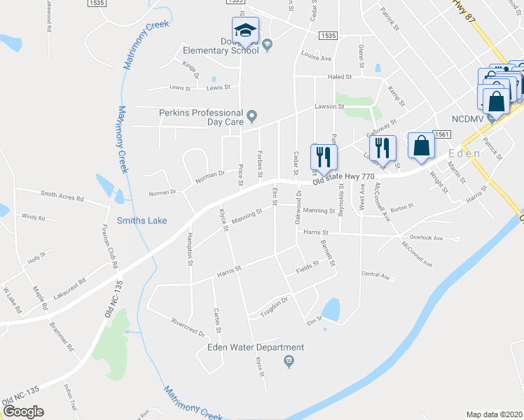 map of restaurants, bars, coffee shops, grocery stores, and more near 1123 Manning Street in Eden