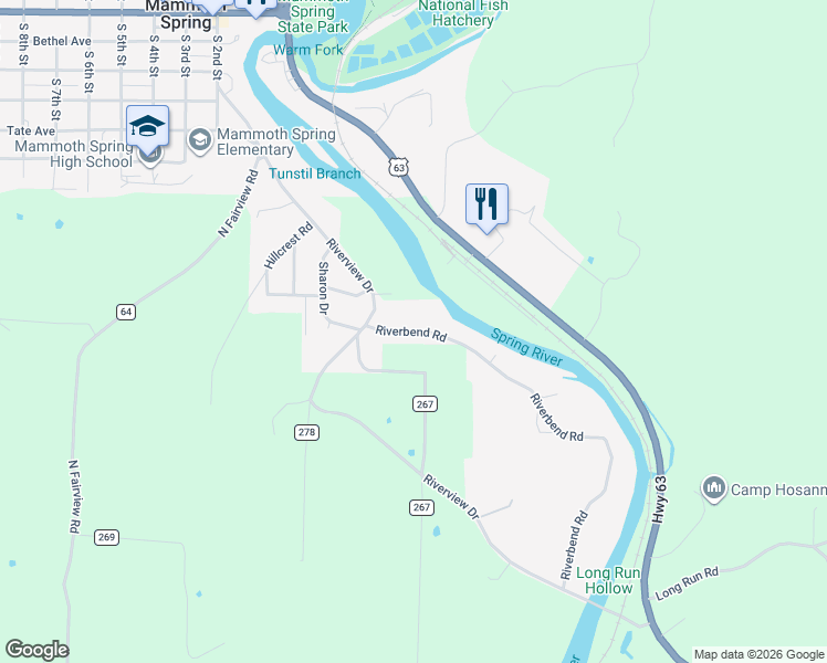 map of restaurants, bars, coffee shops, grocery stores, and more near 12 Riverbend Road in Mammoth Spring
