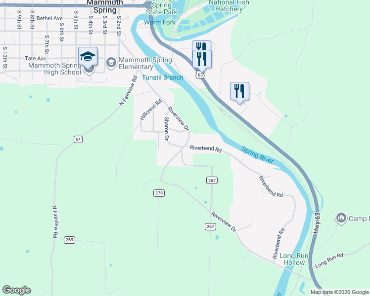 map of restaurants, bars, coffee shops, grocery stores, and more near 250 Sharon Drive in Mammoth Spring