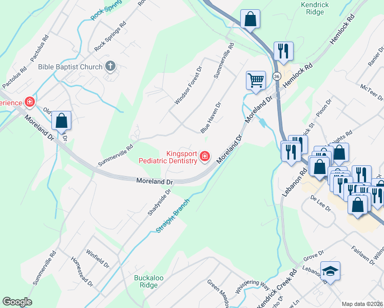 map of restaurants, bars, coffee shops, grocery stores, and more near 4221 Nickleby Court in Kingsport