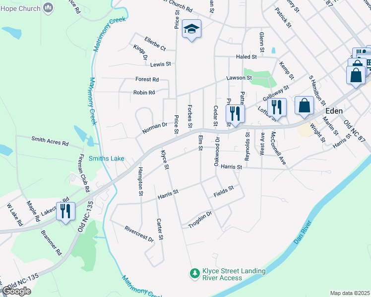map of restaurants, bars, coffee shops, grocery stores, and more near 1123 Manning Street in Eden