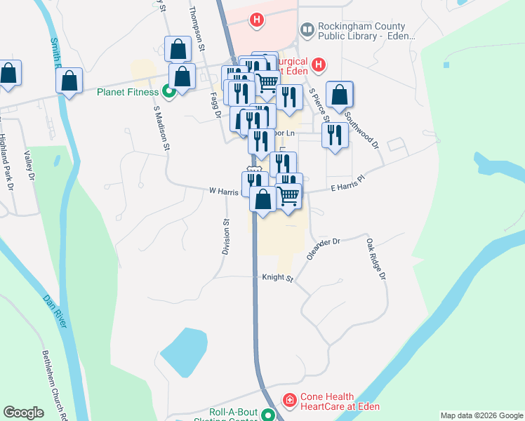 map of restaurants, bars, coffee shops, grocery stores, and more near 804 South Van Buren Road in Eden