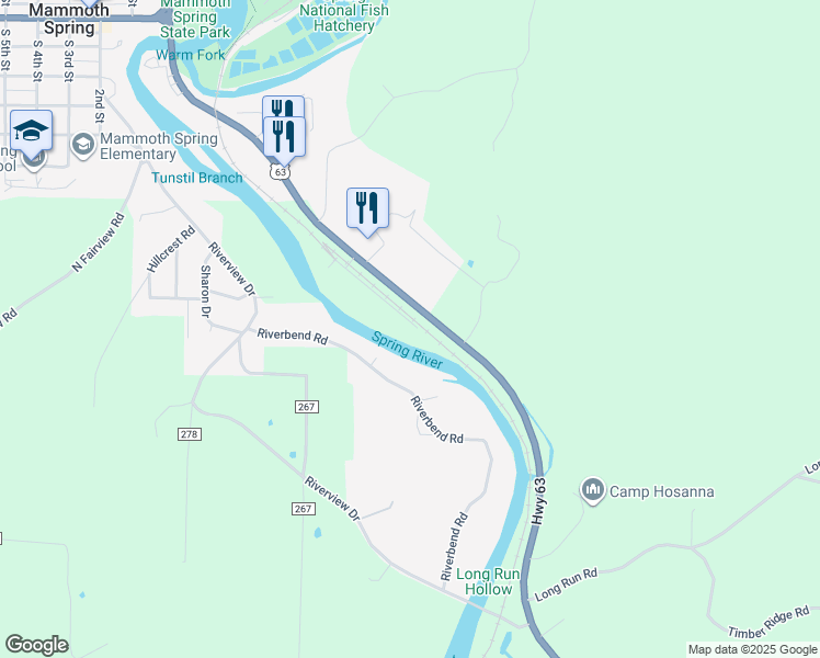 map of restaurants, bars, coffee shops, grocery stores, and more near 231 Spring Lake Drive in Mammoth Spring
