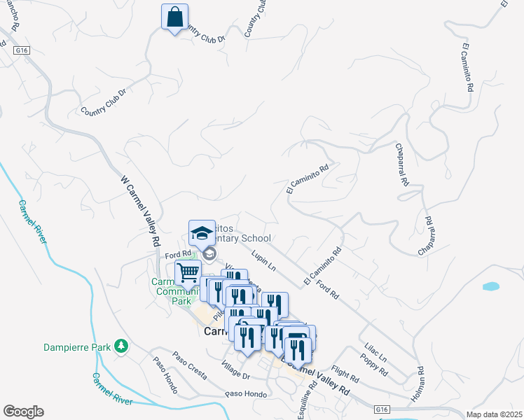 map of restaurants, bars, coffee shops, grocery stores, and more near 9 Story Road in Carmel Valley