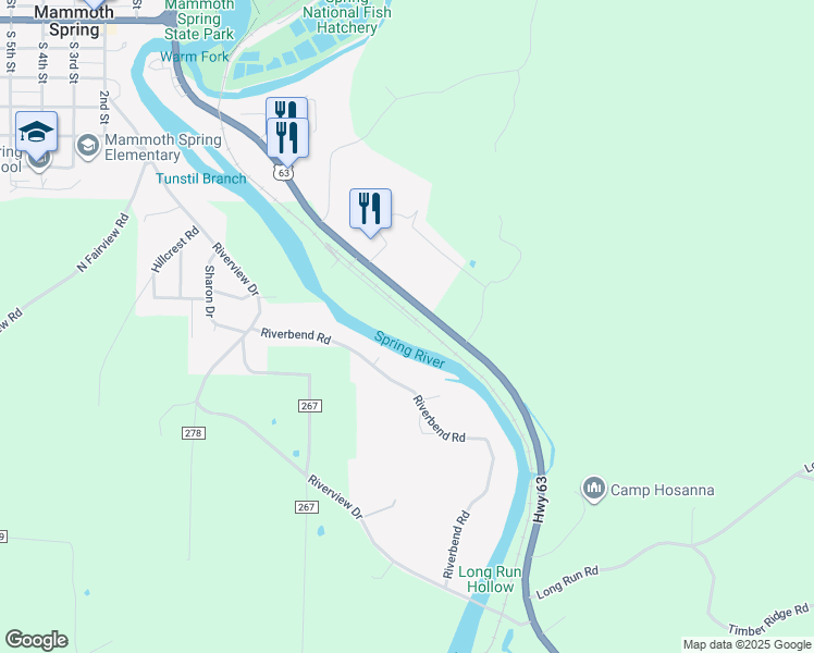 map of restaurants, bars, coffee shops, grocery stores, and more near 231 Spring Lake Drive in Mammoth Spring