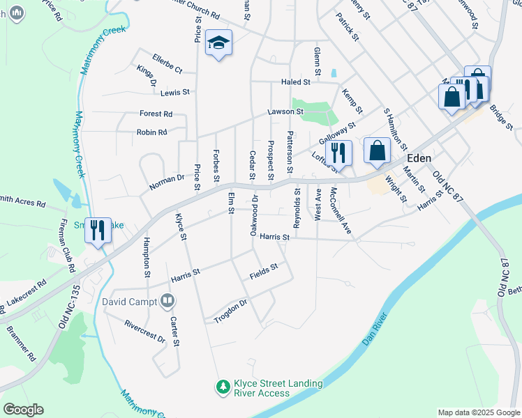 map of restaurants, bars, coffee shops, grocery stores, and more near 714 Oakwood Drive in Eden