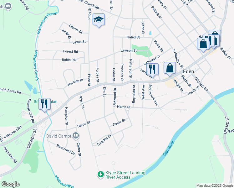 map of restaurants, bars, coffee shops, grocery stores, and more near 714 Oakwood Drive in Eden