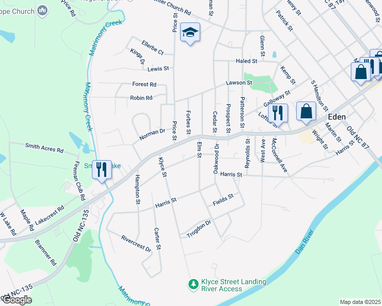 map of restaurants, bars, coffee shops, grocery stores, and more near 1123 Manning Street in Eden