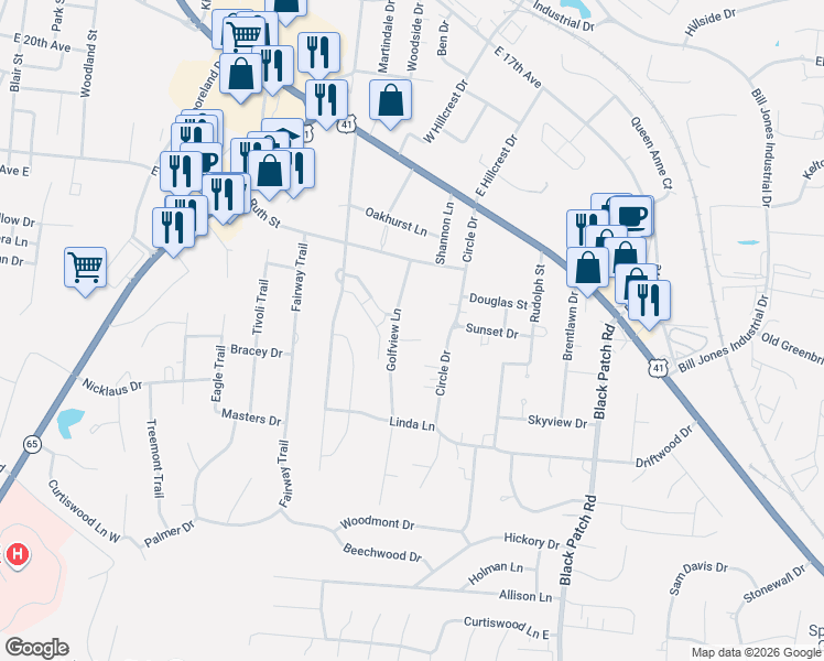 map of restaurants, bars, coffee shops, grocery stores, and more near 316 Golfview Lane in Springfield