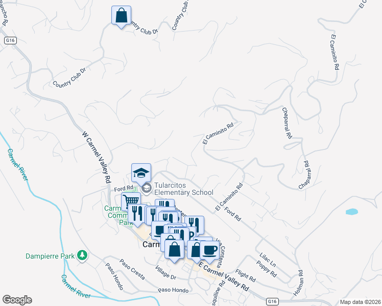 map of restaurants, bars, coffee shops, grocery stores, and more near 5 Story Road in Carmel Valley