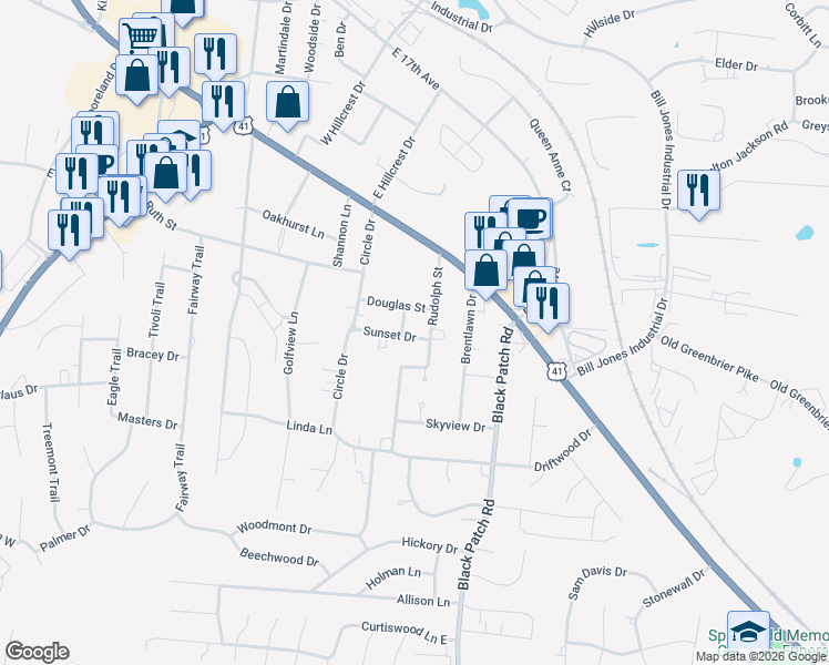 map of restaurants, bars, coffee shops, grocery stores, and more near 2514 Sunset Drive in Springfield