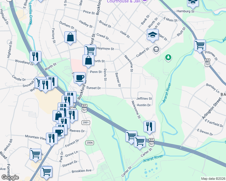 map of restaurants, bars, coffee shops, grocery stores, and more near 611 Sunset Drive in Mount Airy