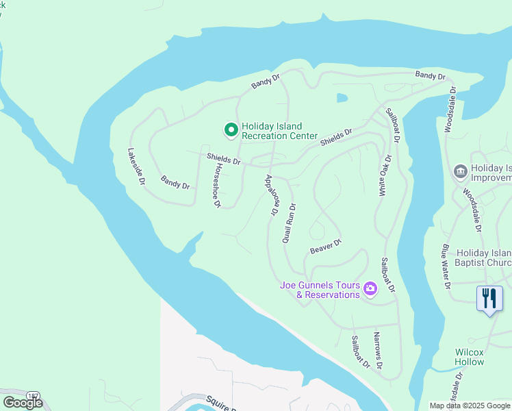 map of restaurants, bars, coffee shops, grocery stores, and more near 62 White River Lane in Eureka Springs