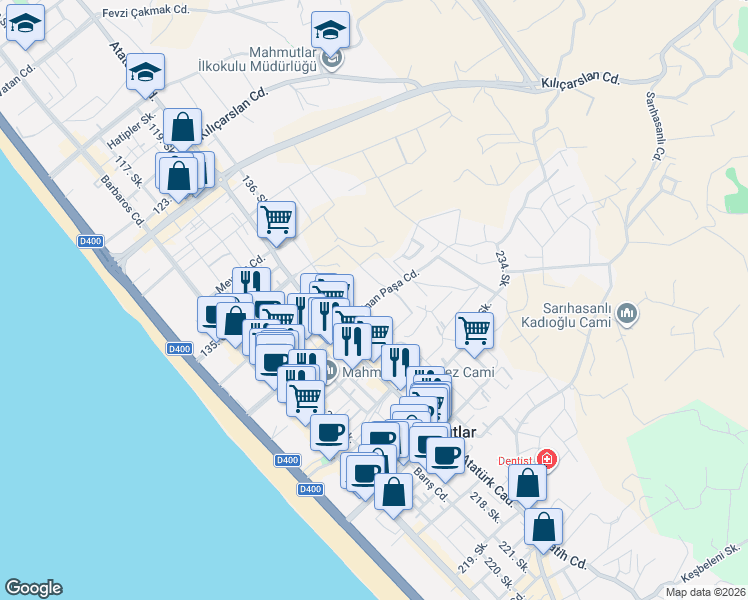 map of restaurants, bars, coffee shops, grocery stores, and more near 123 Atatürk Caddesi in Alanya