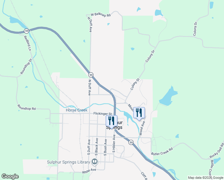 map of restaurants, bars, coffee shops, grocery stores, and more near 116 West Grove Street in Sulphur Springs