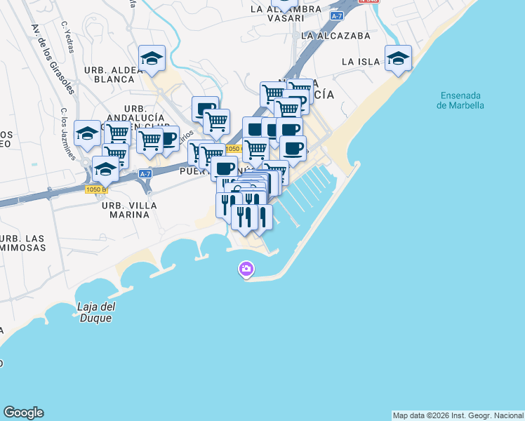 map of restaurants, bars, coffee shops, grocery stores, and more near Calle Muelle Ribera in Marbella