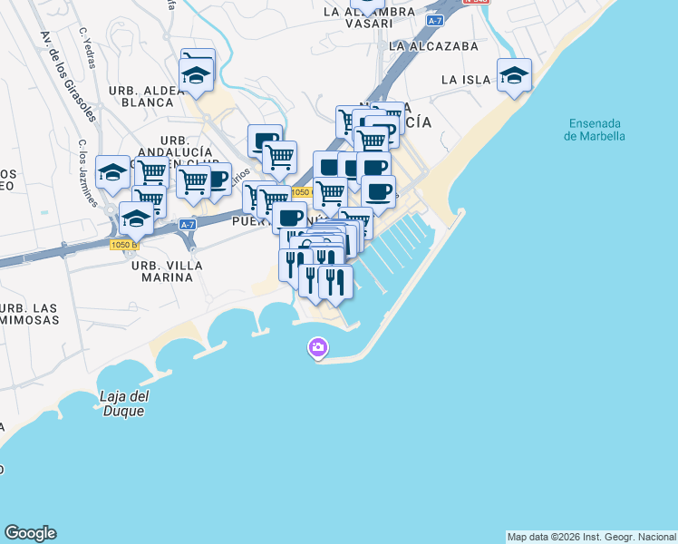 map of restaurants, bars, coffee shops, grocery stores, and more near Calle Muelle Ribera in Marbella