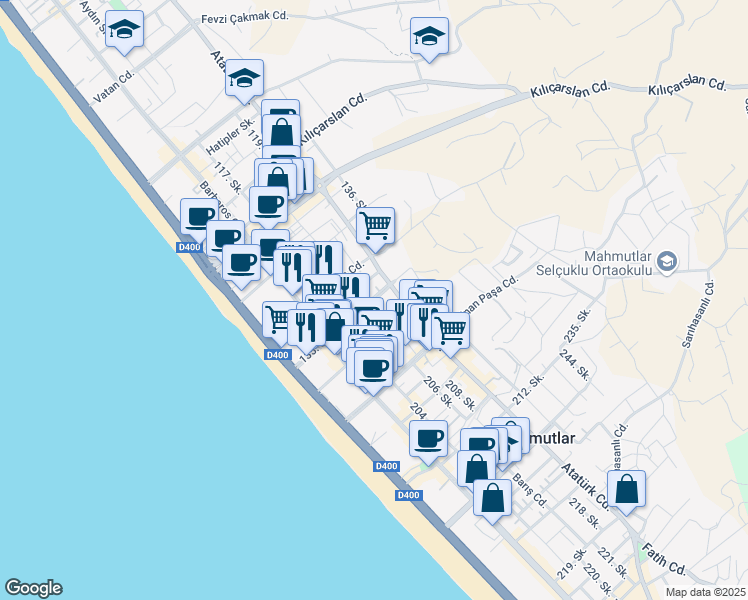 map of restaurants, bars, coffee shops, grocery stores, and more near 135. Sokak in Alanya